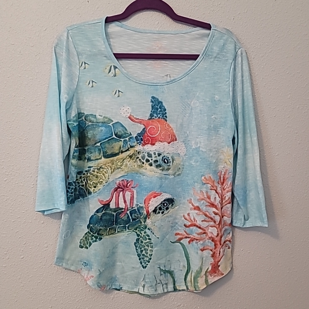 Sun Bay Christmas Turtle Top~ 3/4 Sleeve Sz M